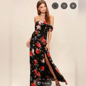 I Care Black Floral Print Off-the-Shoulder Maxi Dress